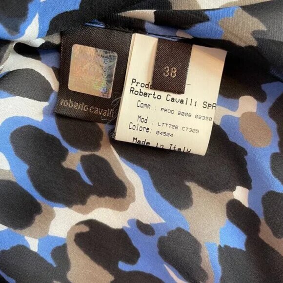 Robert Cavalli Blue Black Leopard Print Silk Blouse Bell Sleeve Sheer Size XS - Picture 11 of 13